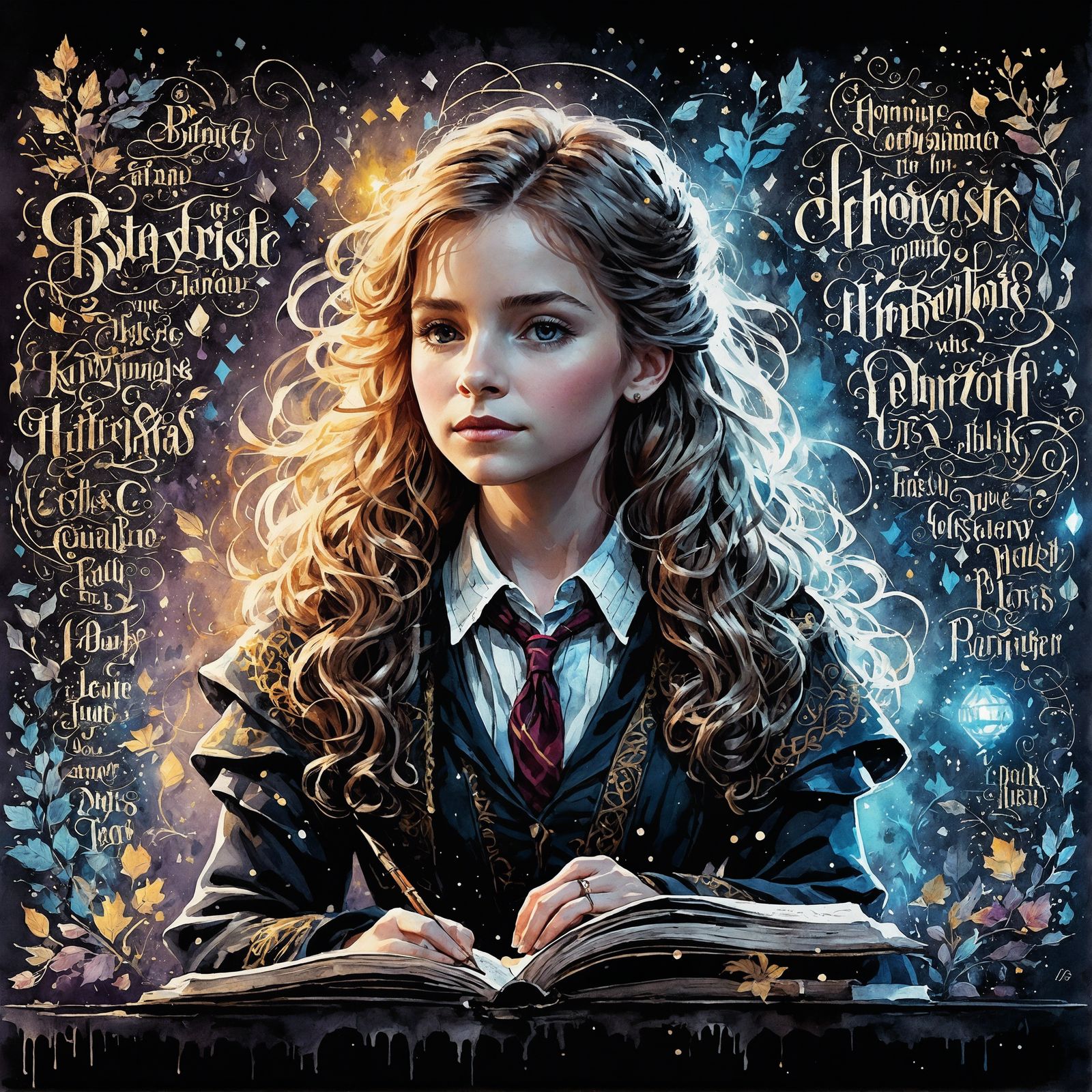 Calligraphic Portrait of Hermione in Hogwarts Outfit