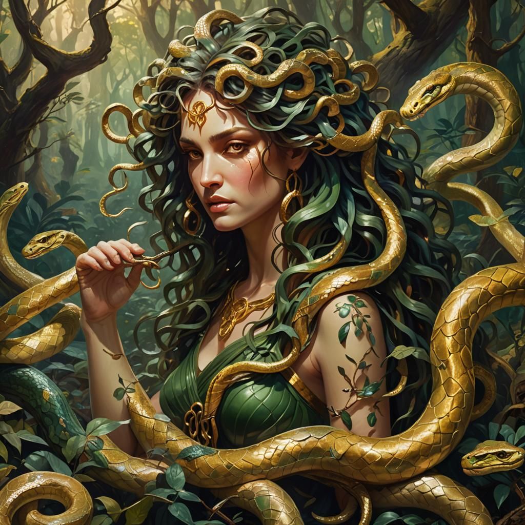 Medusa Brushing Snakes in Ancient Forest Painting