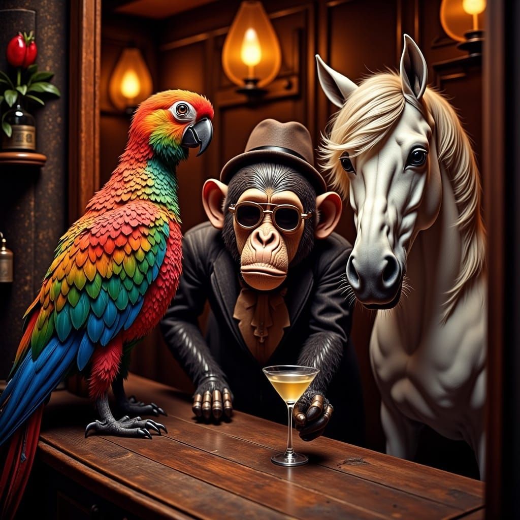 Whimsical Trio Enters a Smoky Tavern in a Vibrant, Technicol...