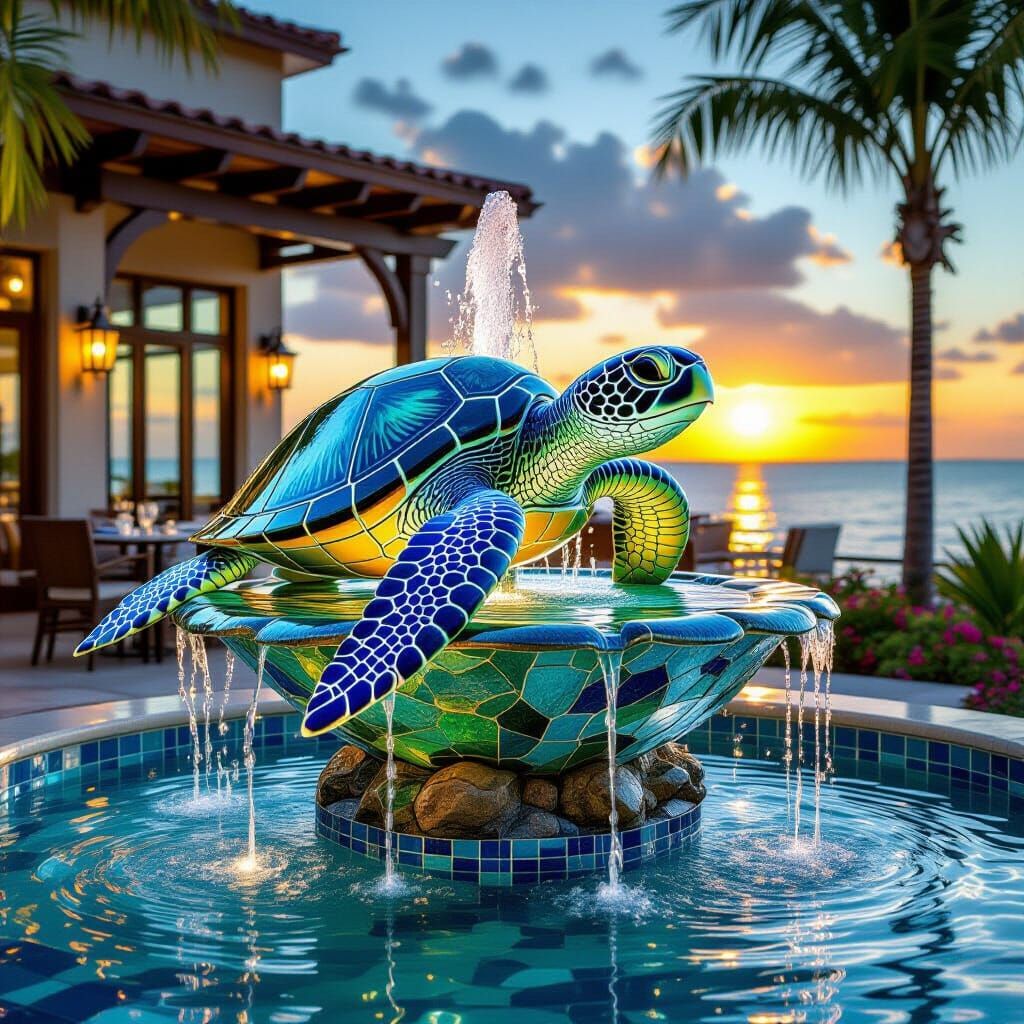 Sea Turtle Sculpture from Sea Glass in Beach Restaurant Foun...