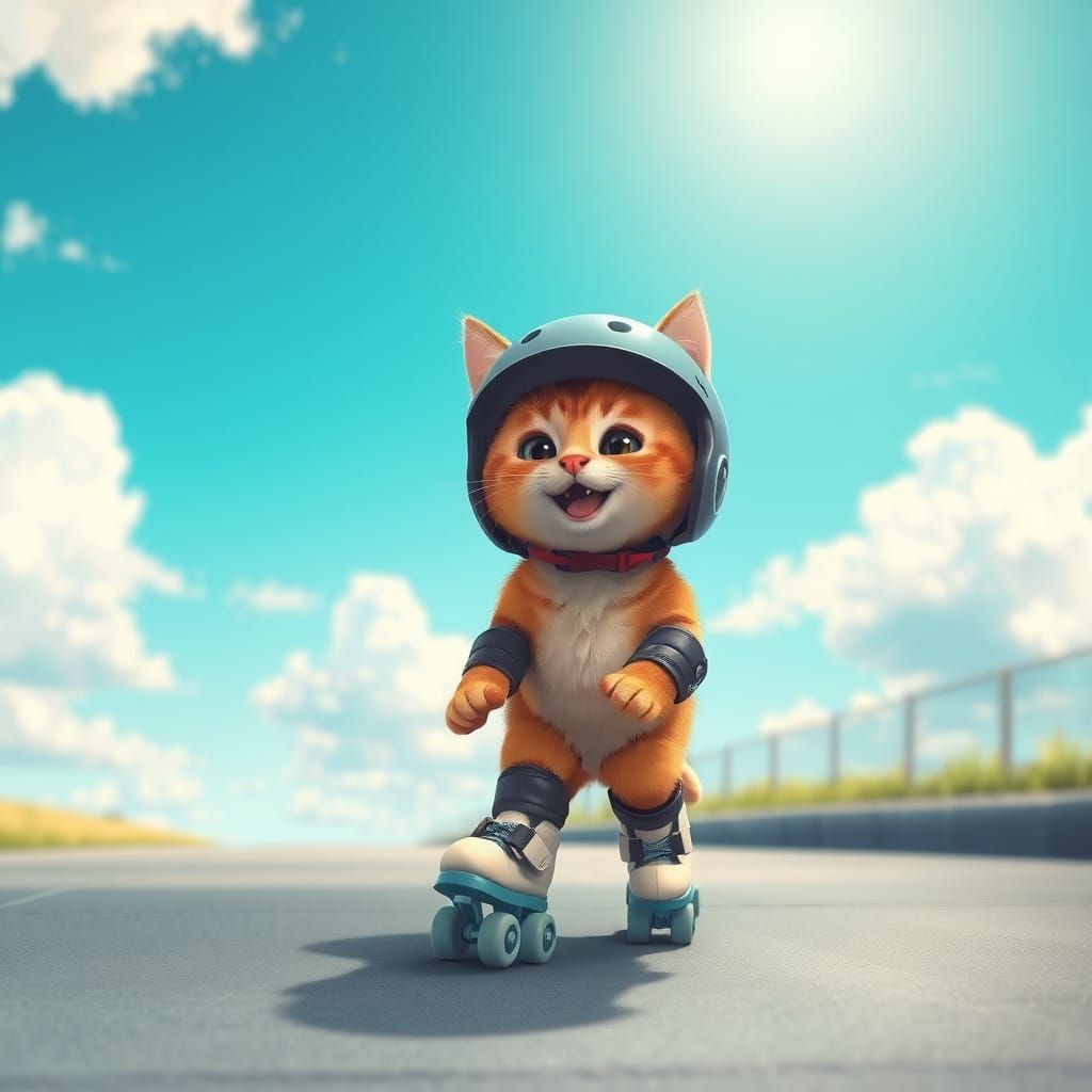 Playful Cat Cruises on Rollerskates in Bright Sunshine