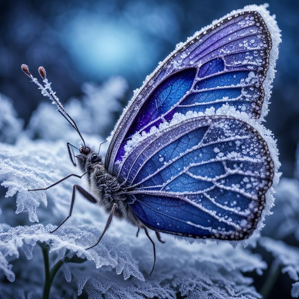 Frozen Purple Butterfly on Blue Rose