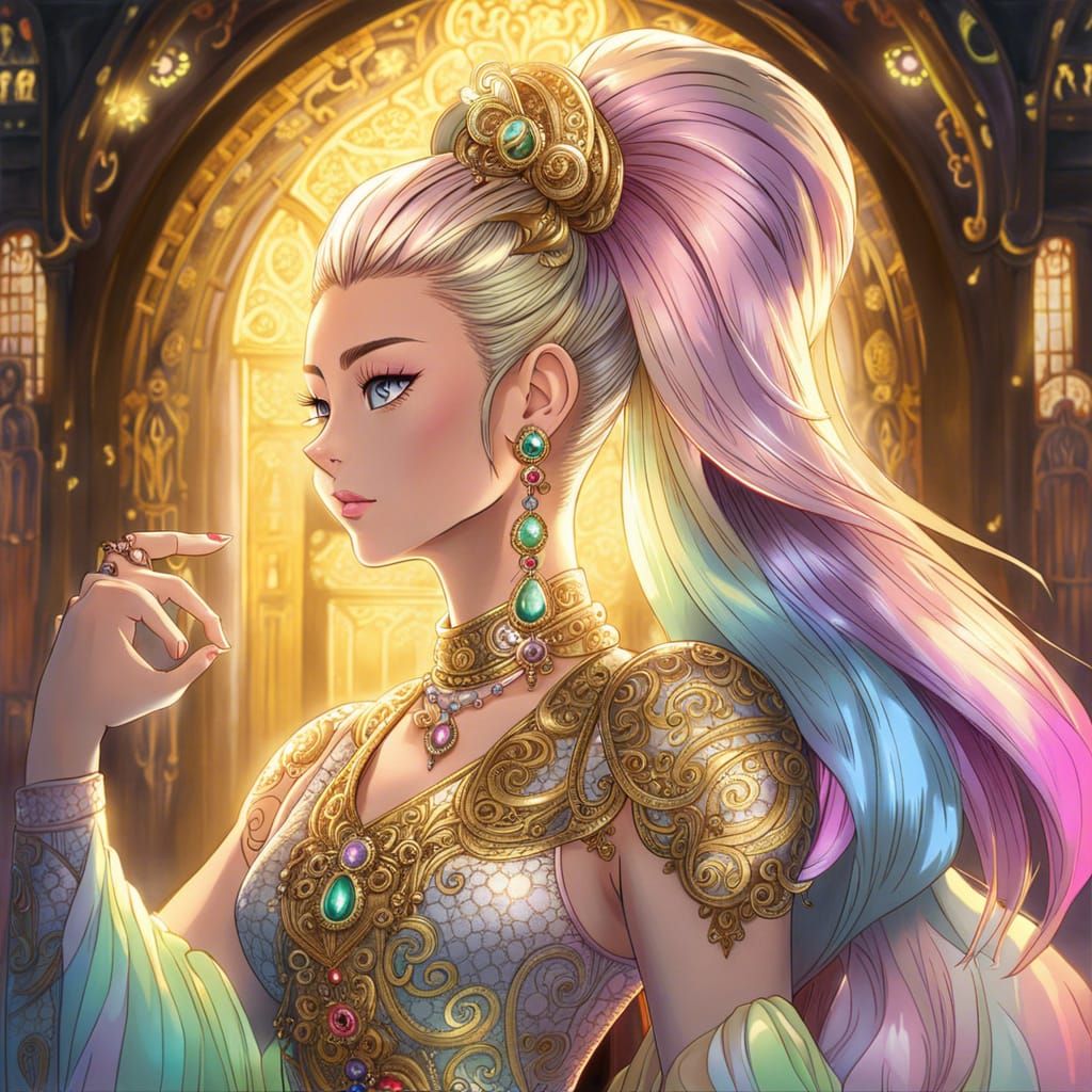 Anime Woman with Rainbow Hair in Dungeon