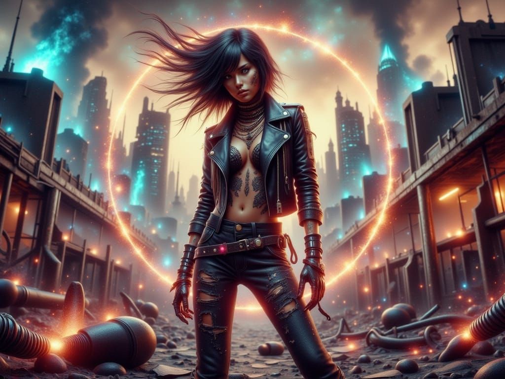 Dystopian Warrior Goddess in Ash, Radiating Mystic Aura