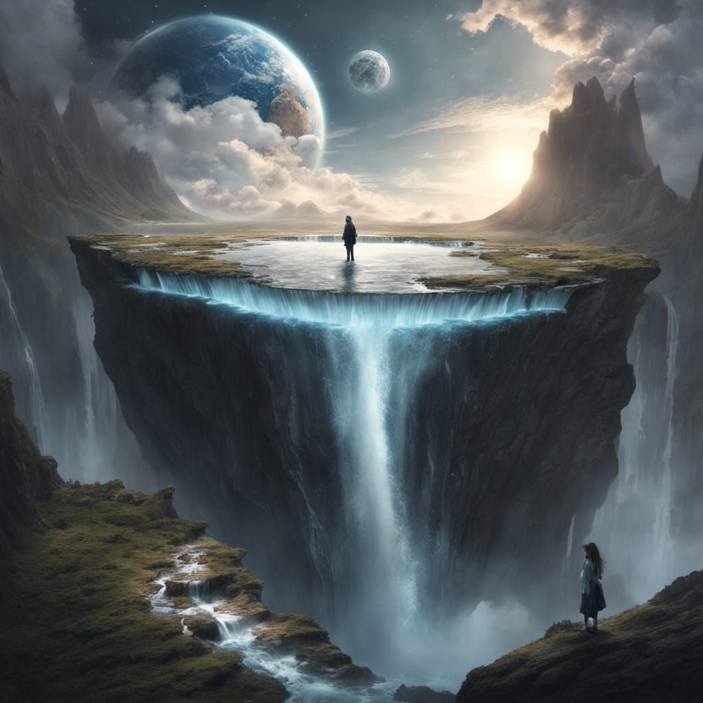 The edge of the world, flat earth, waterfall into space, WLOP fantasy art, album cover art, ultra detailed digital art, ...
