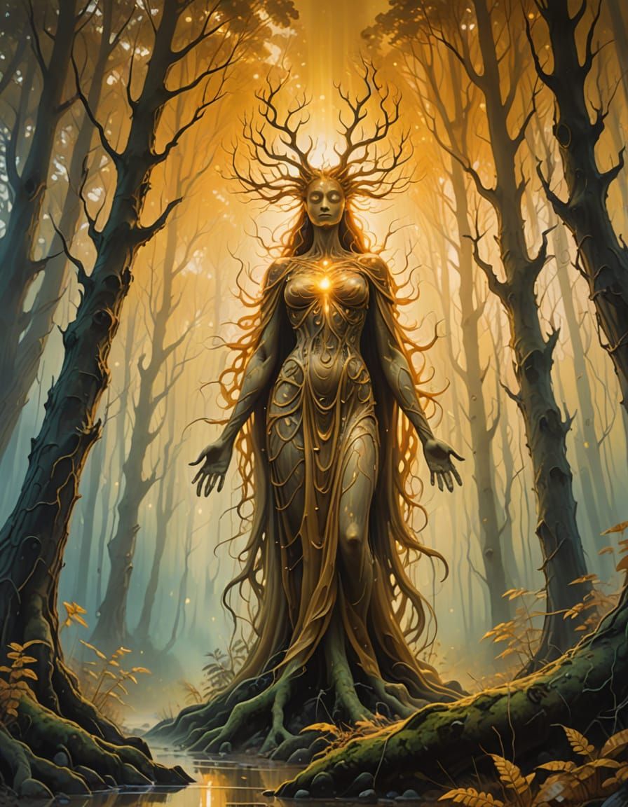 Ethereal Spirit in Misty Forest, Oil Painting