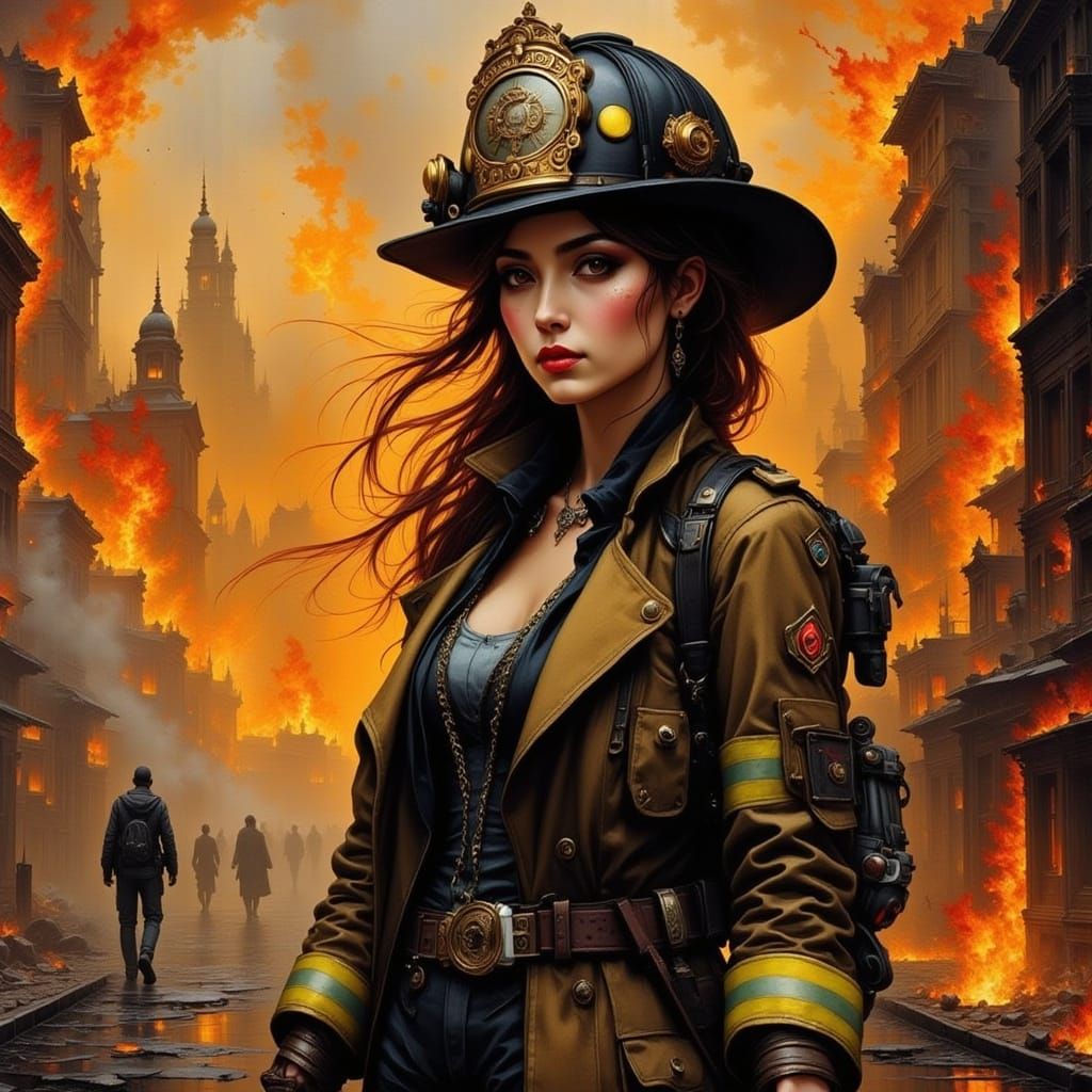Female Firefighter Facing Burning Building