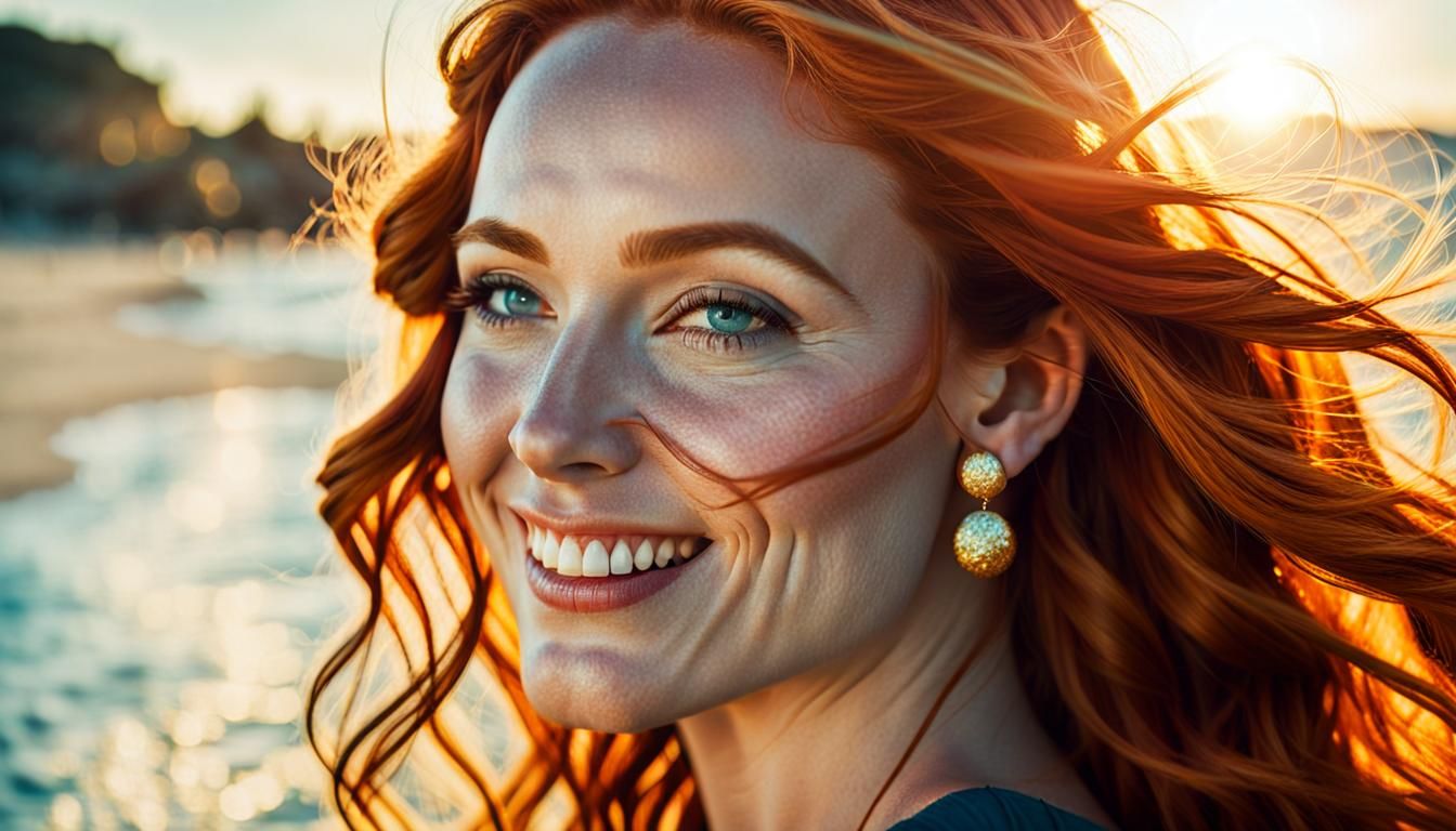 A 25 year old woman with  long red hair and a day at the bea...