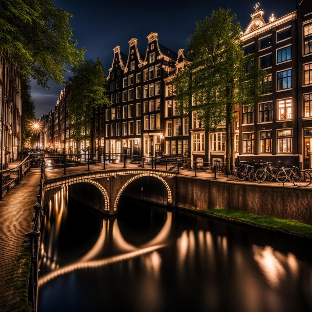 Amsterdam Night Cityscape in Hyperrealistic Style