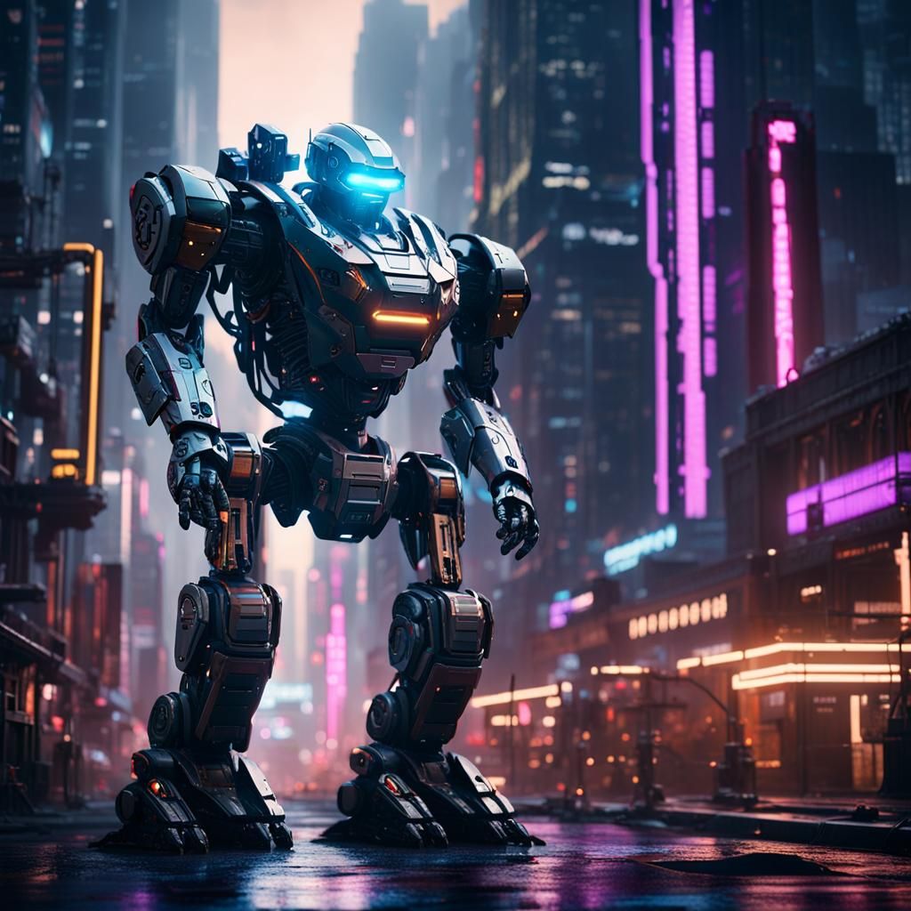 Futuristic Sci-Fi Mech in Neon Cityscape