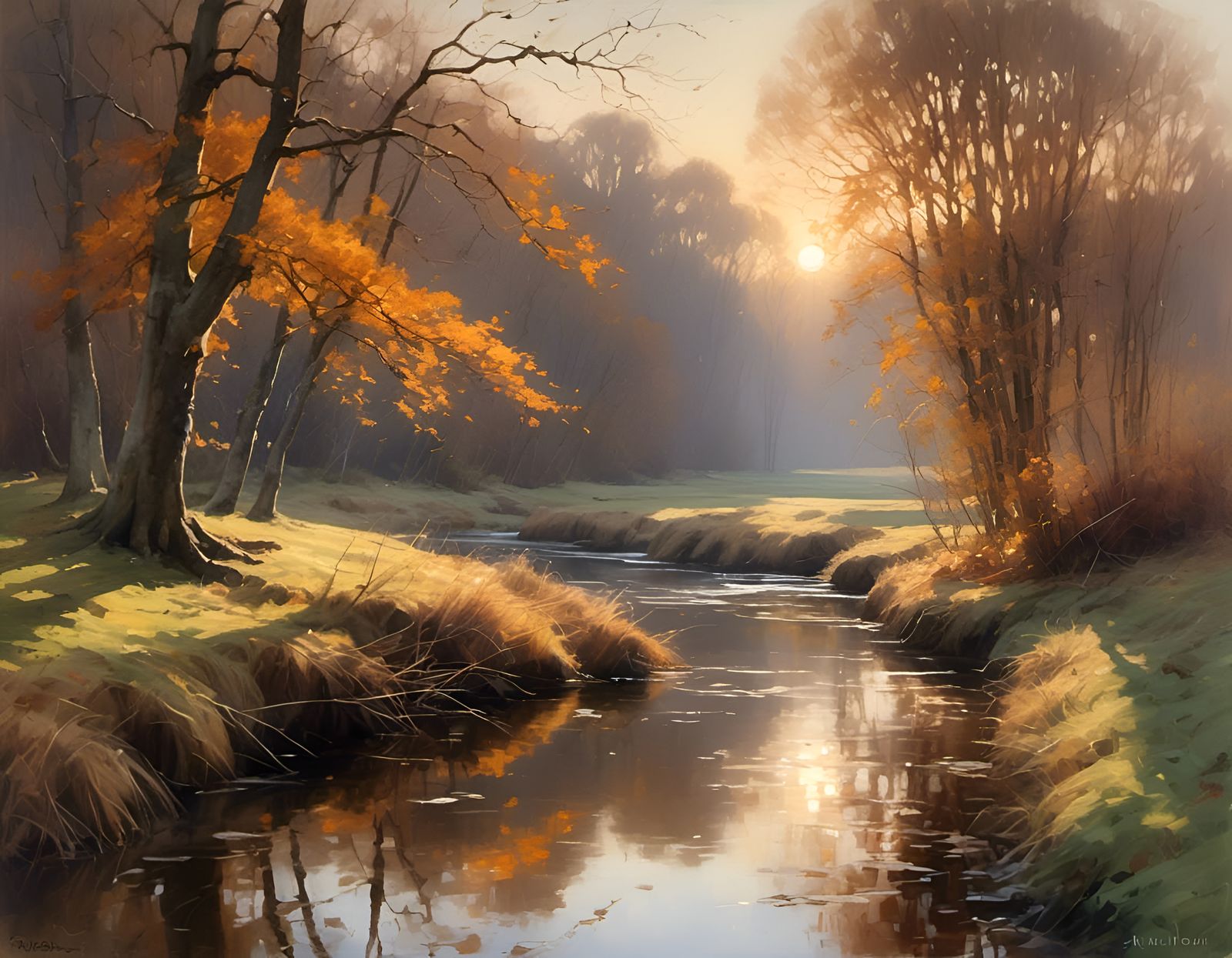 English Autumn Landscape with Snow at Sunset