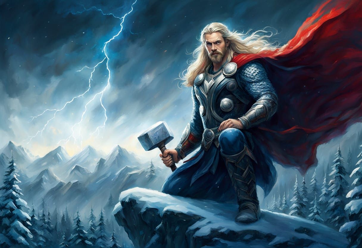 Thor, Norse God of Thunder, in Winter Landscape