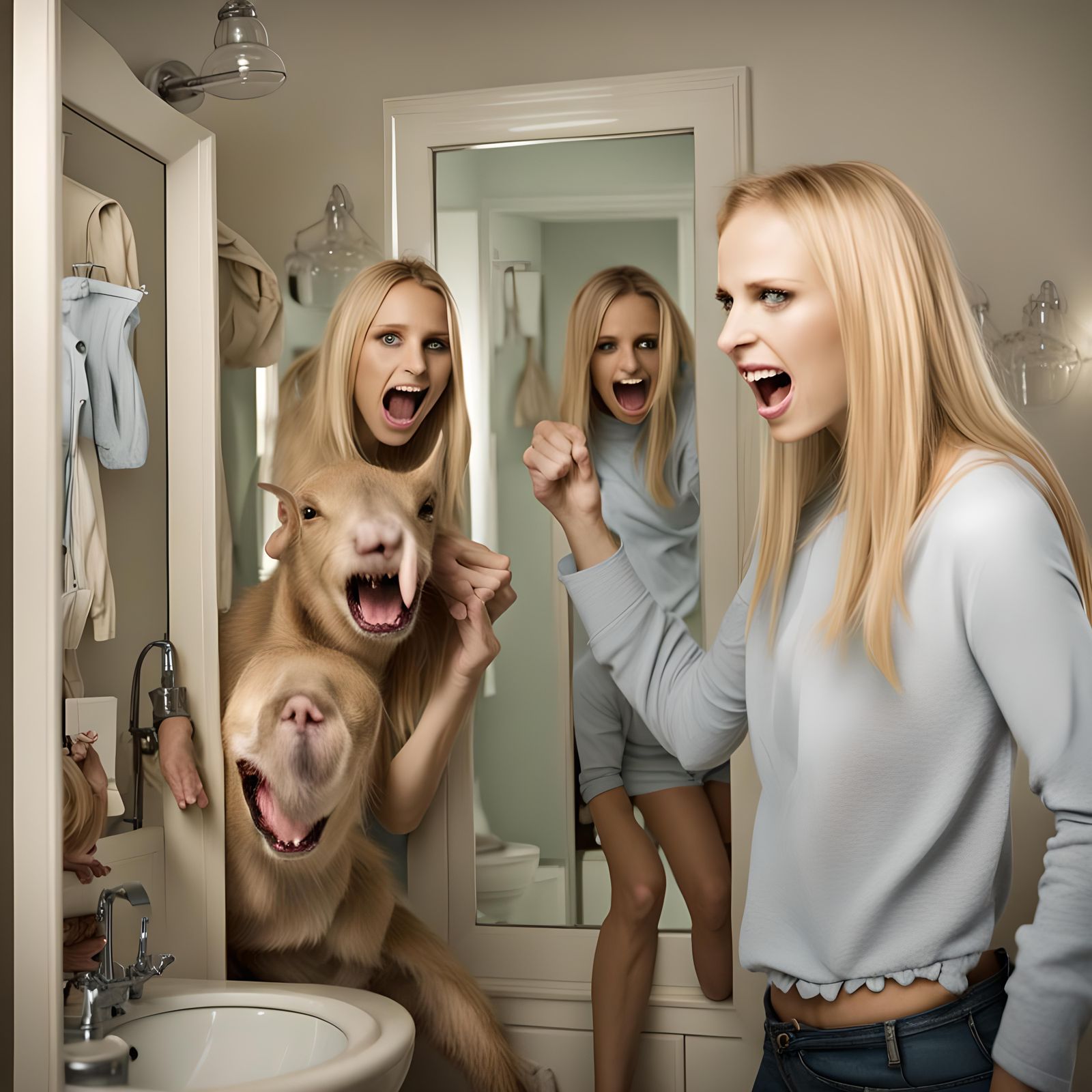Aardvark Blocks Girl's Closet: Humorous Bathroom Scene