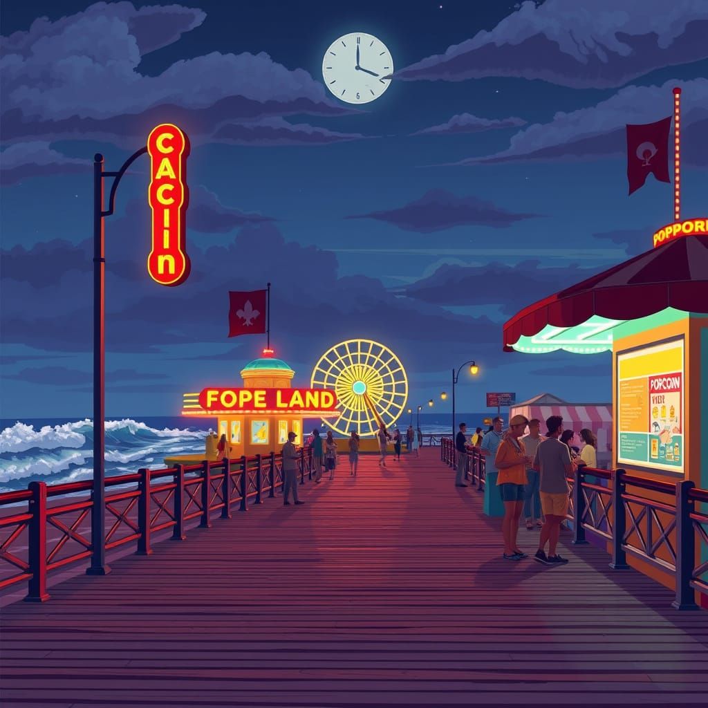 Vibrant Boardwalk Scene at Night: Summer Nostalgia
