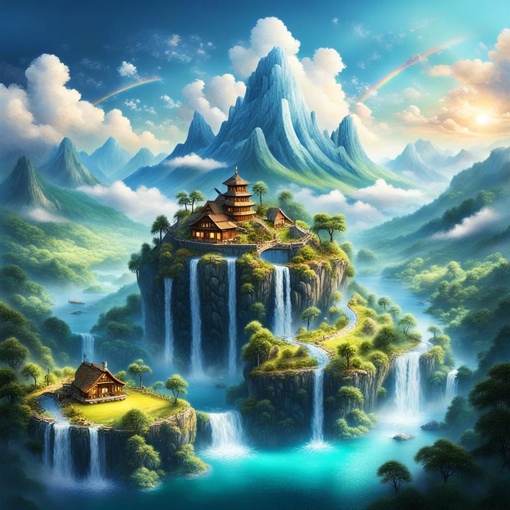 Fantasy Island with Luminous Waterfalls and Rainbows