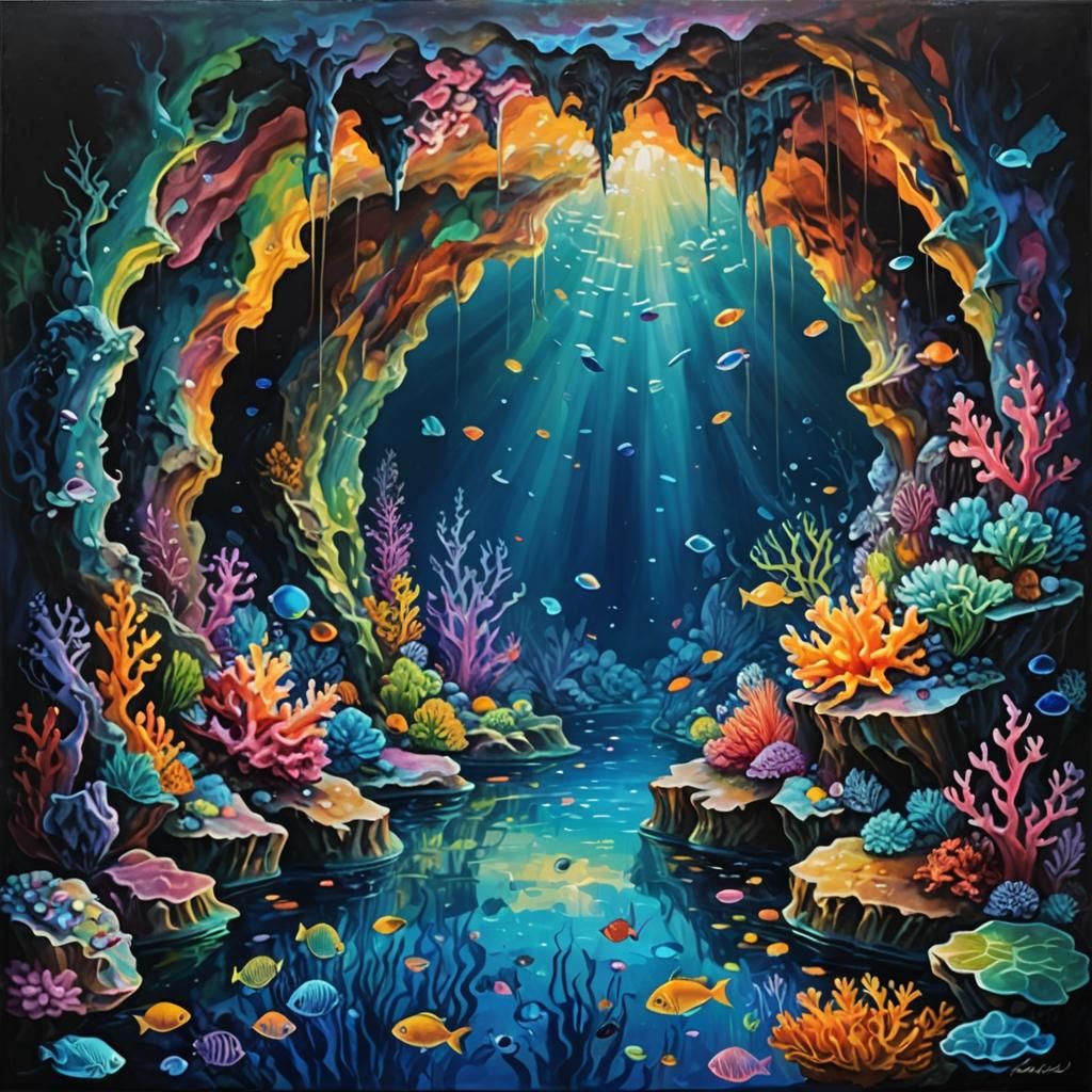 Iridescent Underwater Grotto: Sfumato Oil Painting