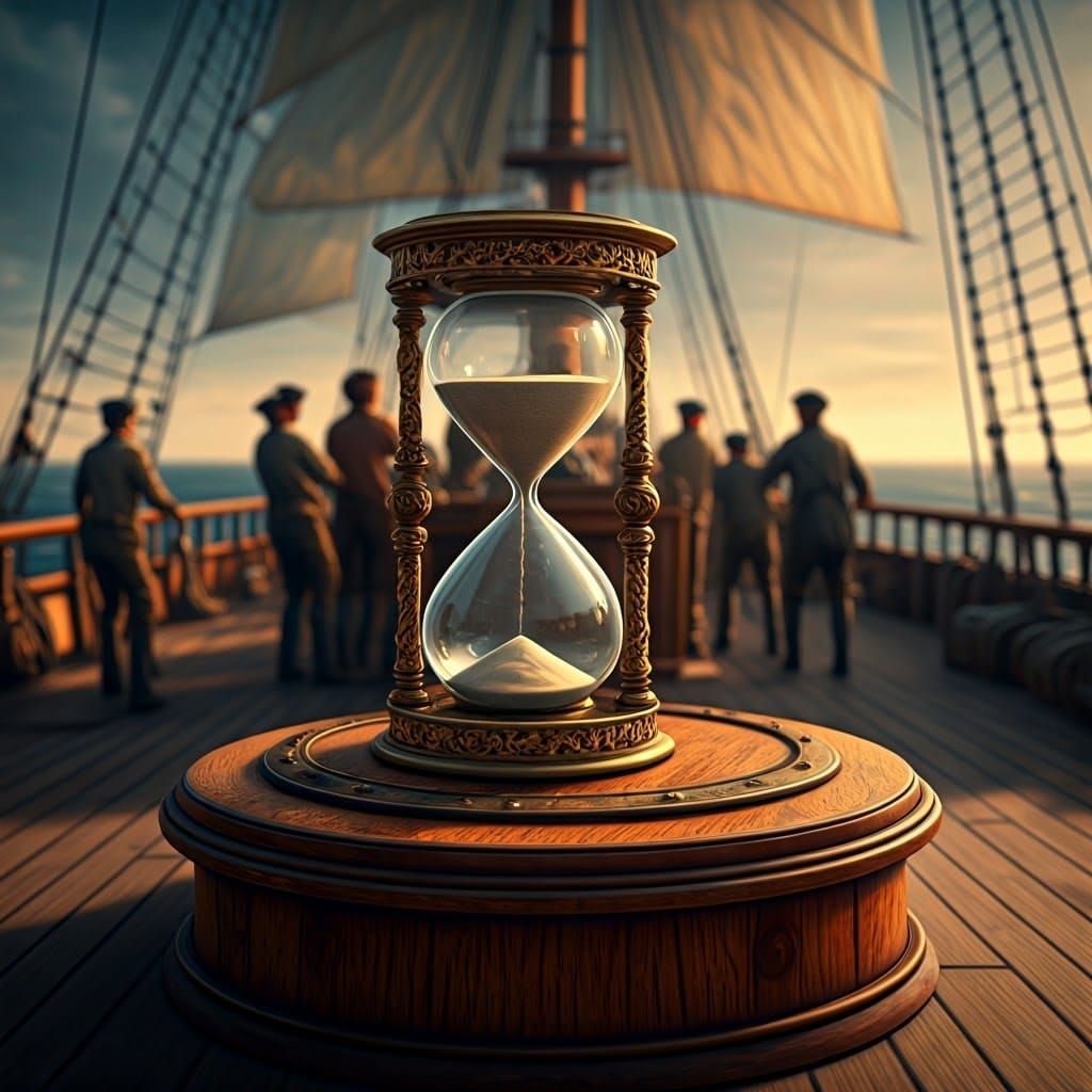 Vintage Marine Sandglass Amidst Sailing Ship Chaos in Grand ...