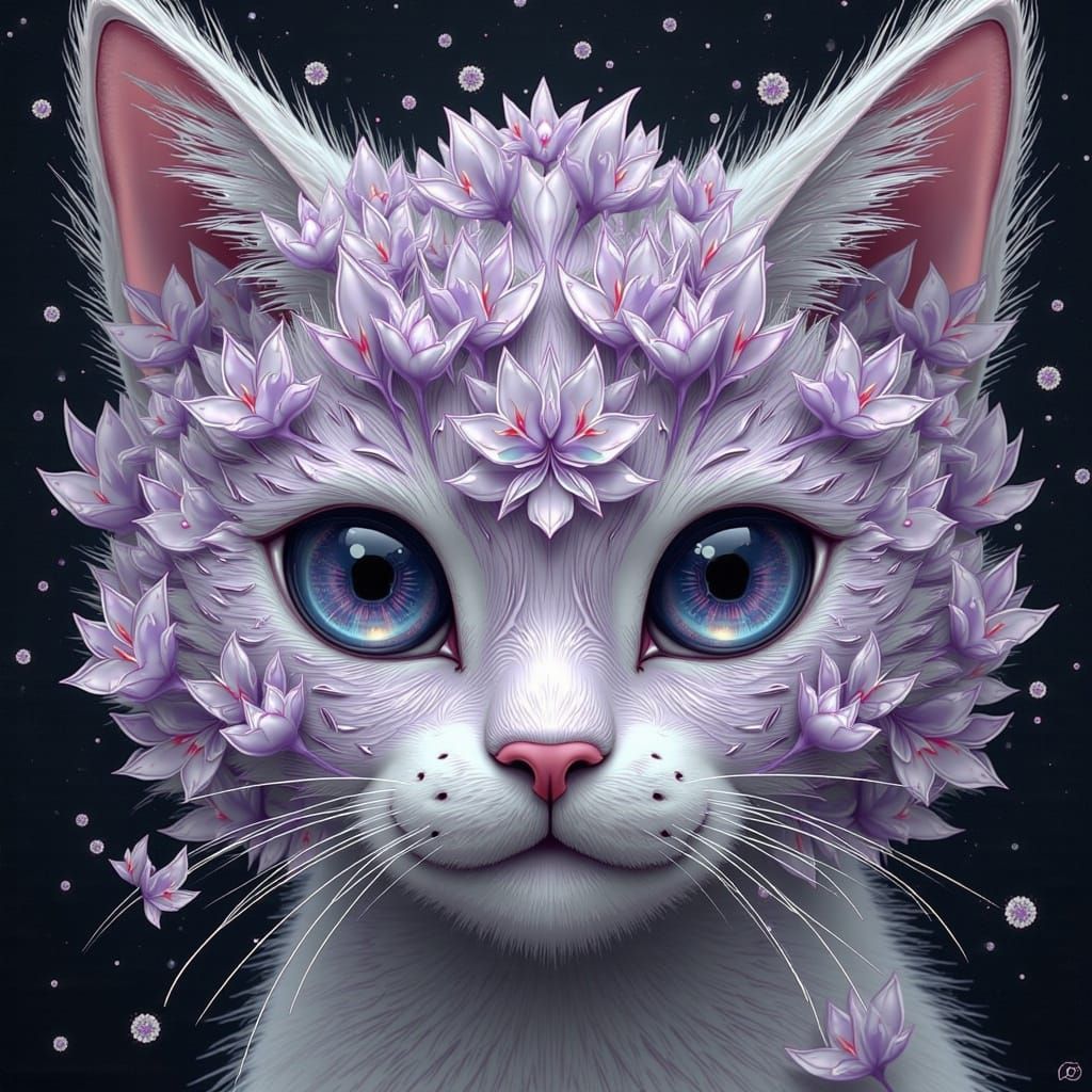 Cat Faces in Delicate Lavender and White Flowers