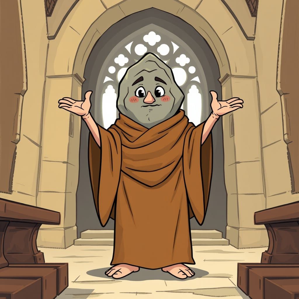 Cartoon Monk Rock Inside Church
