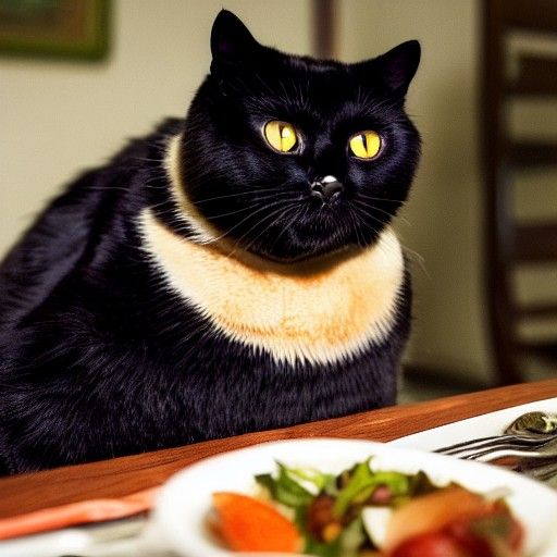 Chubby Black Cat on Dinner Table, High Resolution