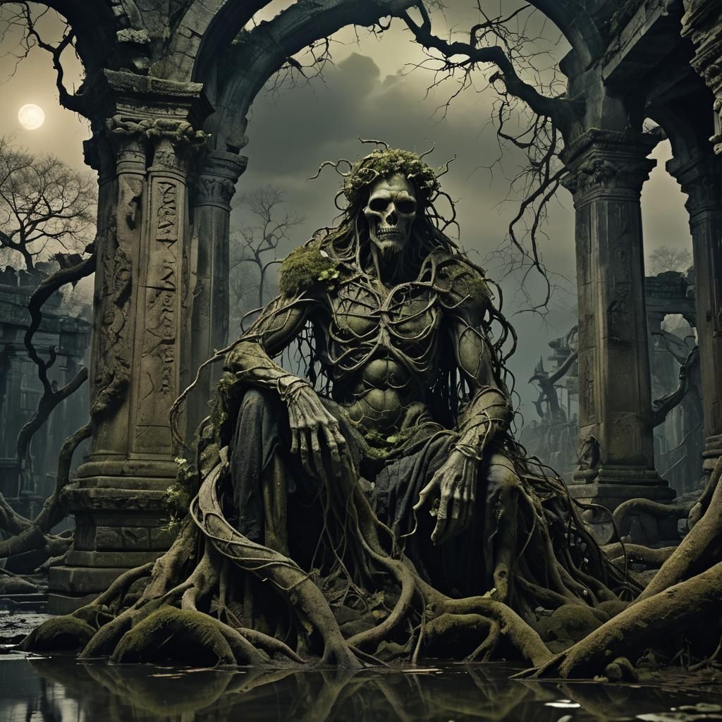 Cursed Vine Figure on Crumbling Throne in Dark Fantasy Art