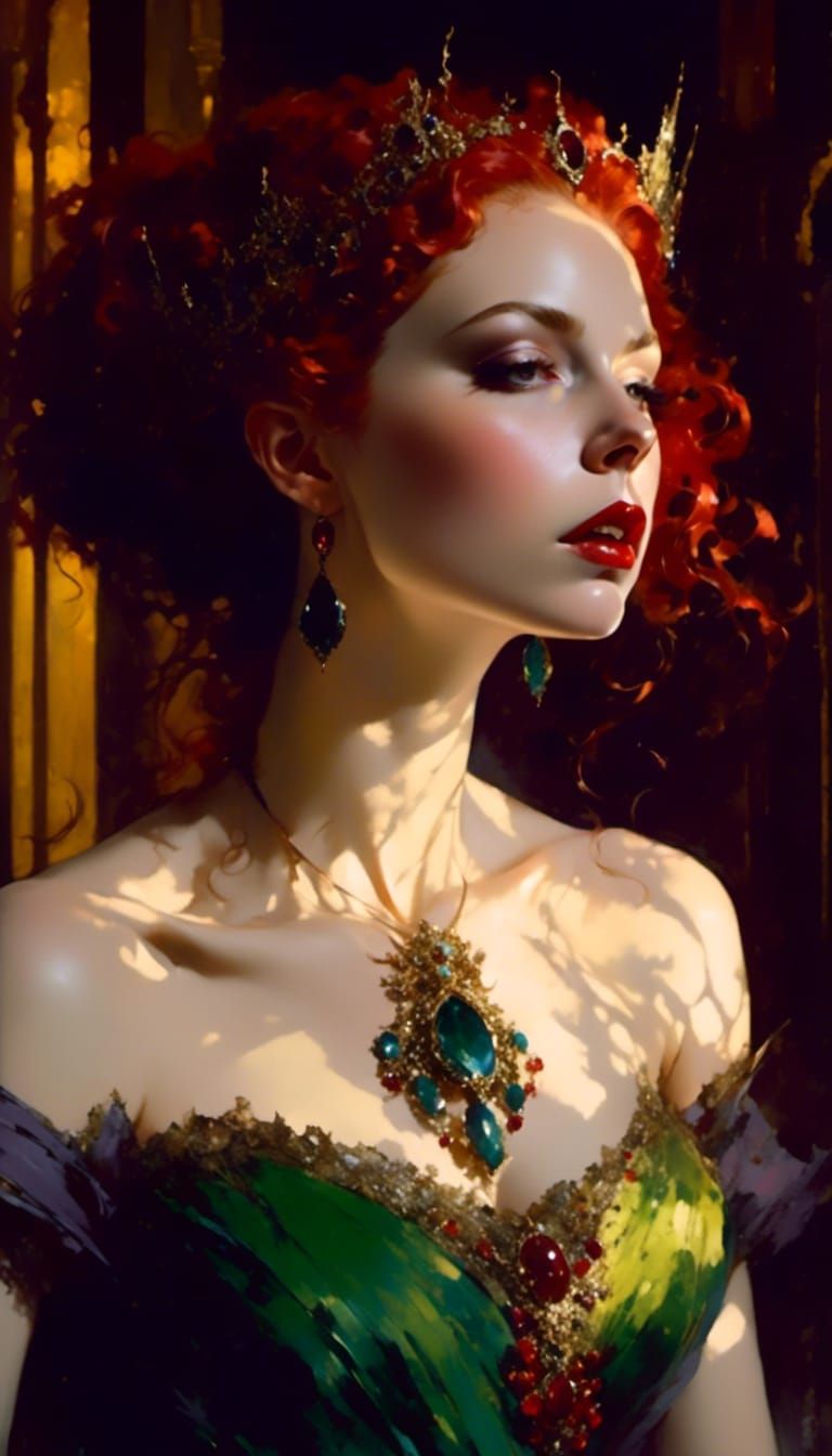 Dark Vampire Queen Portrait in Oil with Dramatic Lighting