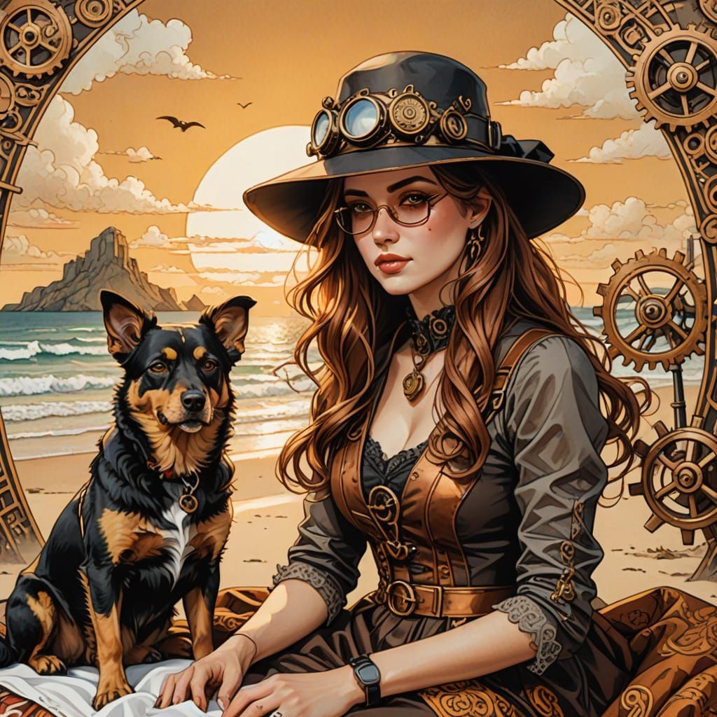 Stunning Steampunk Lady on Beach in Detailed Ink Illustratio...