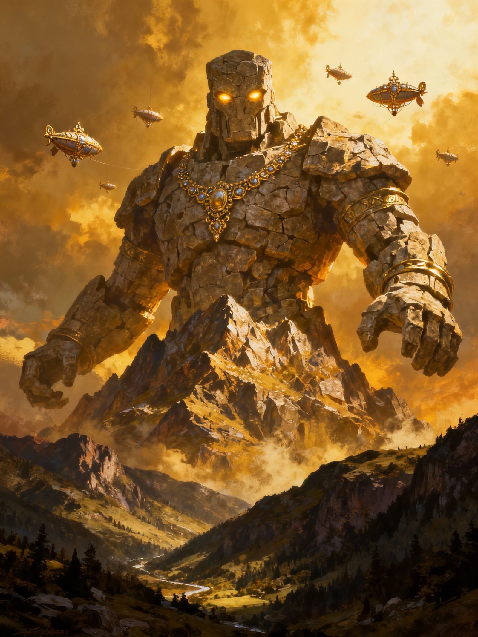 Ancient Golem Guards Valley with Airships in Epic Fantasy St...