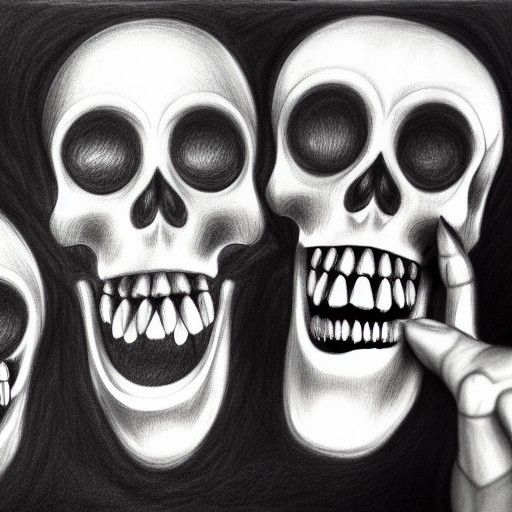 Hyperdetailed Charcoal Drawing of Laughing Skeletons