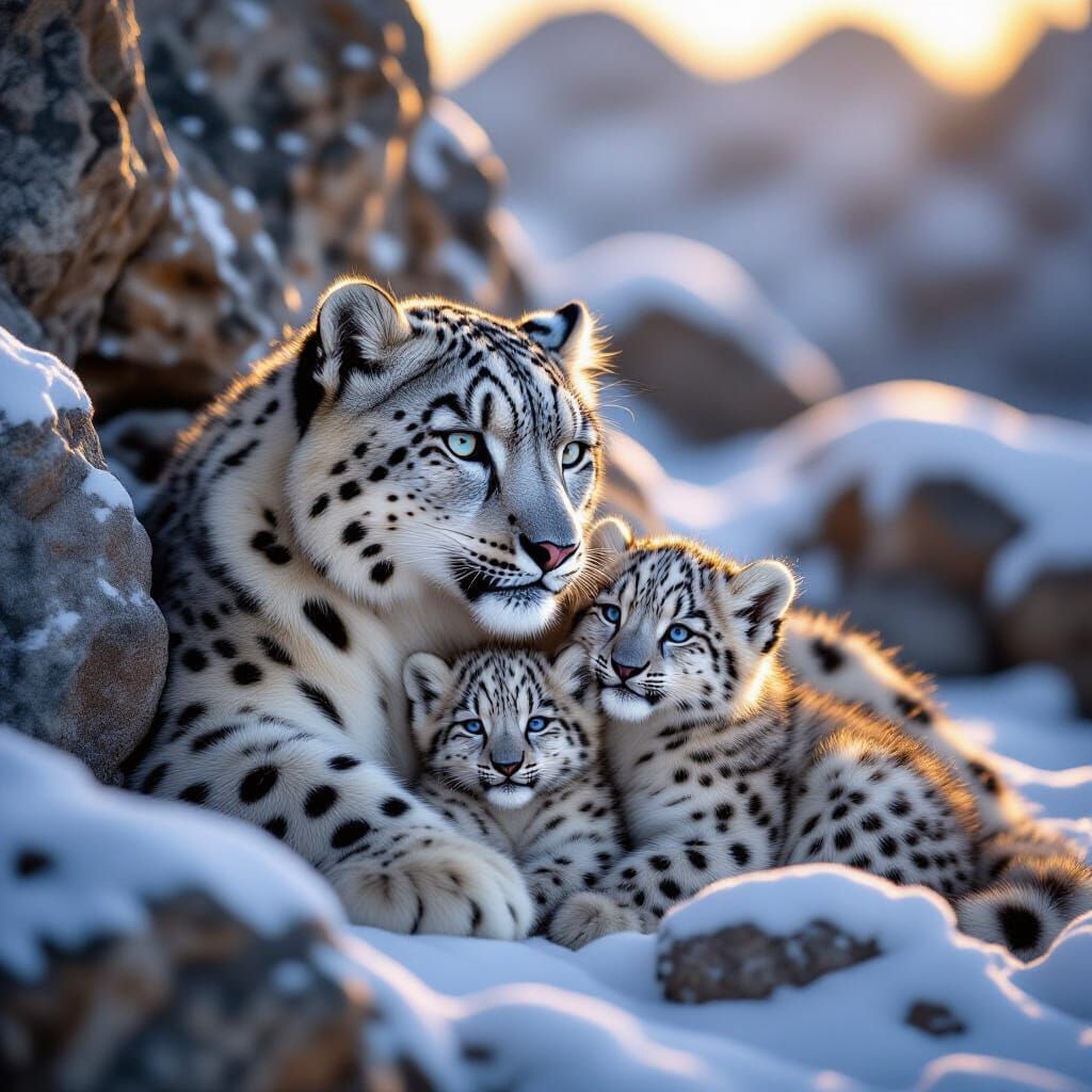 Snow Leopard Mother and Cubs in Mountain Dawn Light
