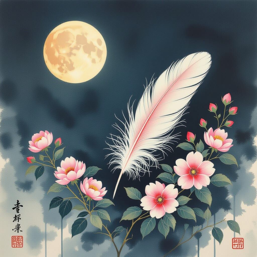Japanese Minimalist Feather Scene Under Moonlight