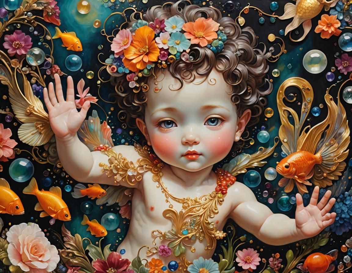 Surreal Boy Cherub Portrait in Alcohol Ink Style