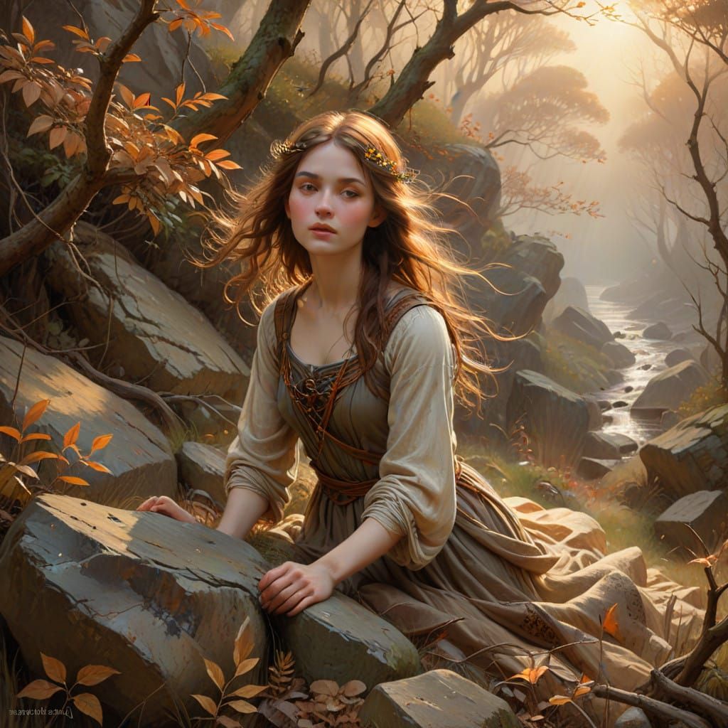 Woman Emerges from Earthy Rock Formations in Autumn Landscap...