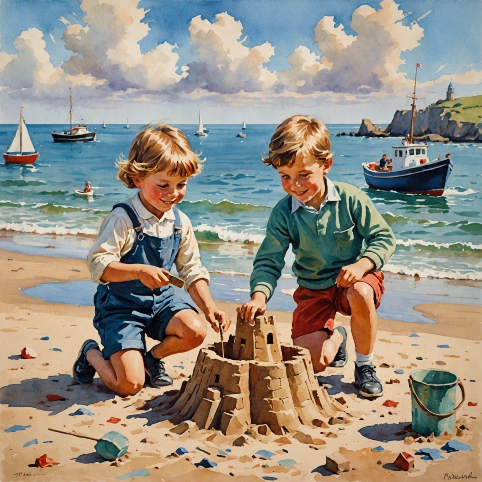 Two Happy 1960’s children on the English seaside making a sandcastle.
