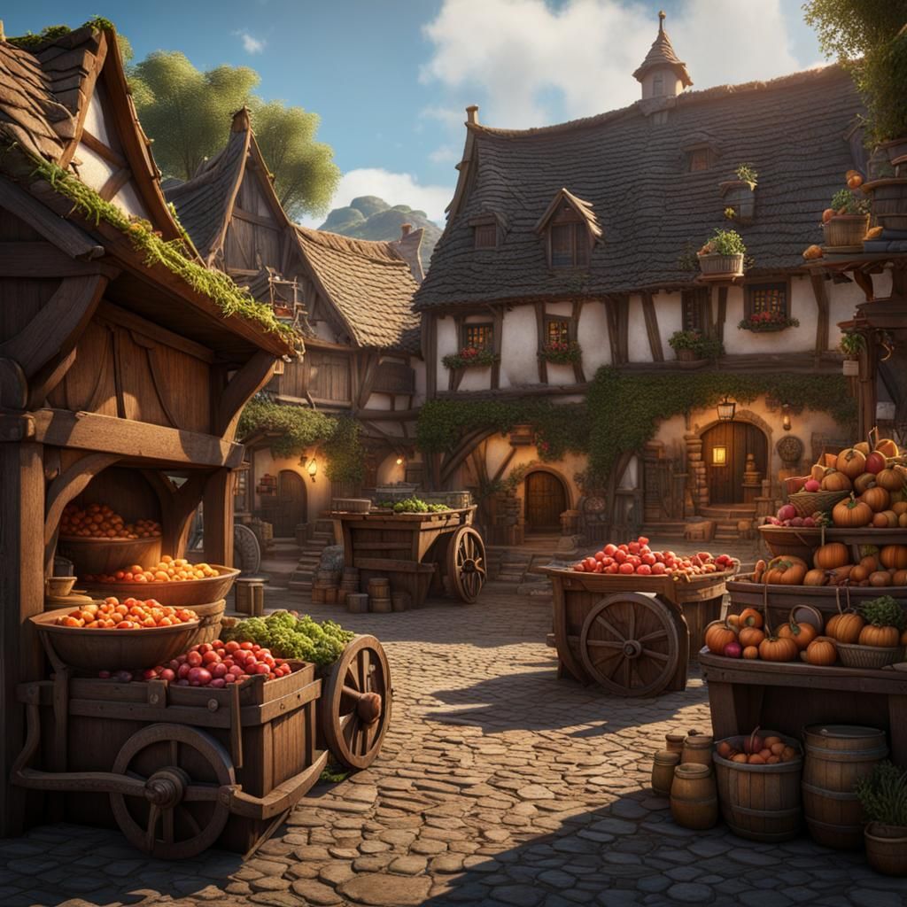 Medieval Village Market in Fantasy Concept Art