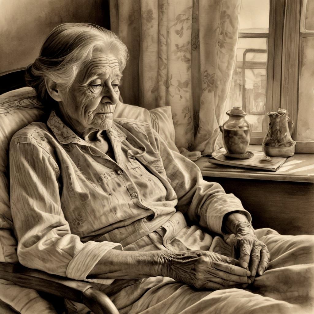 Melancholic Grandmother and Grandson: Sepia Nostalgia