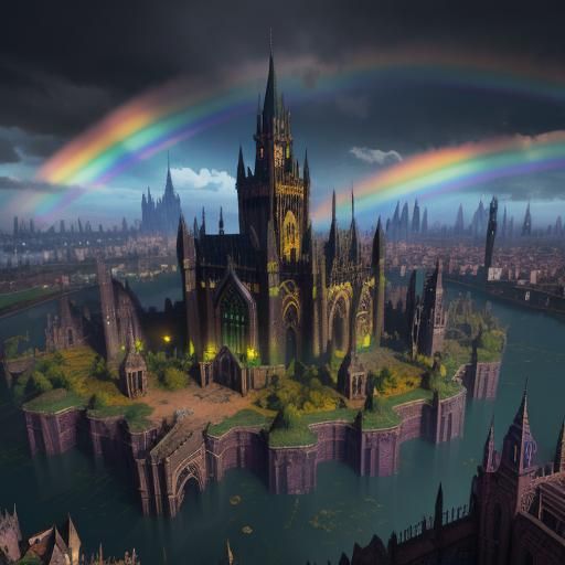 Gothic City Under Rainbow: Detailed Matte Painting