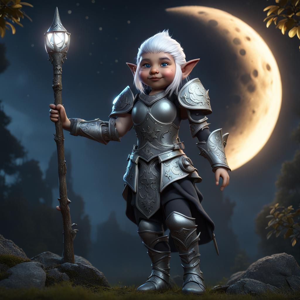 Fantasy Gnome Warrior in Moonlight, Digital Art