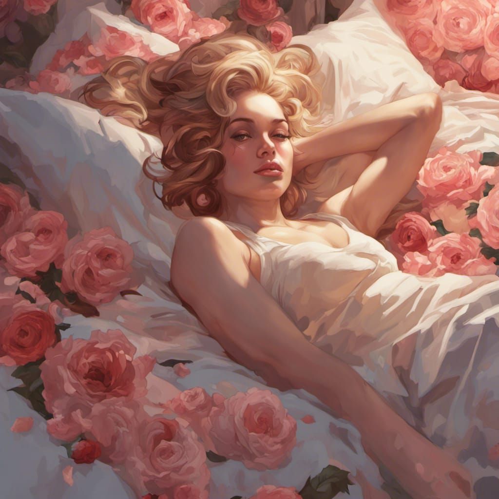 Romantic Woman Among Roses: Hyperdetailed Portrait