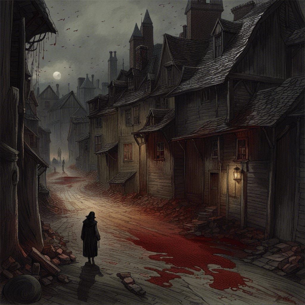 Dark Village Street with Ghost in Horror Style