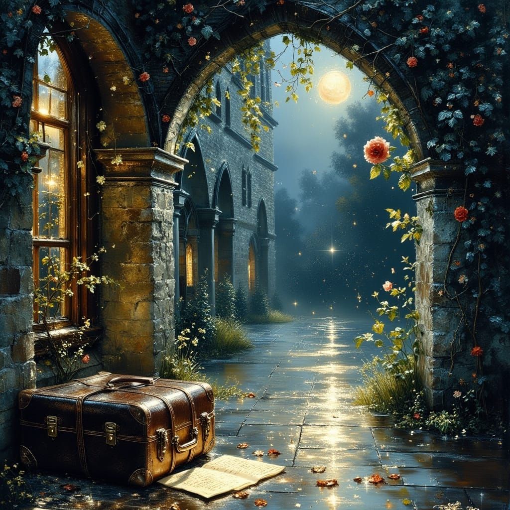 Moonlit College Courtyard in Impressionist Style