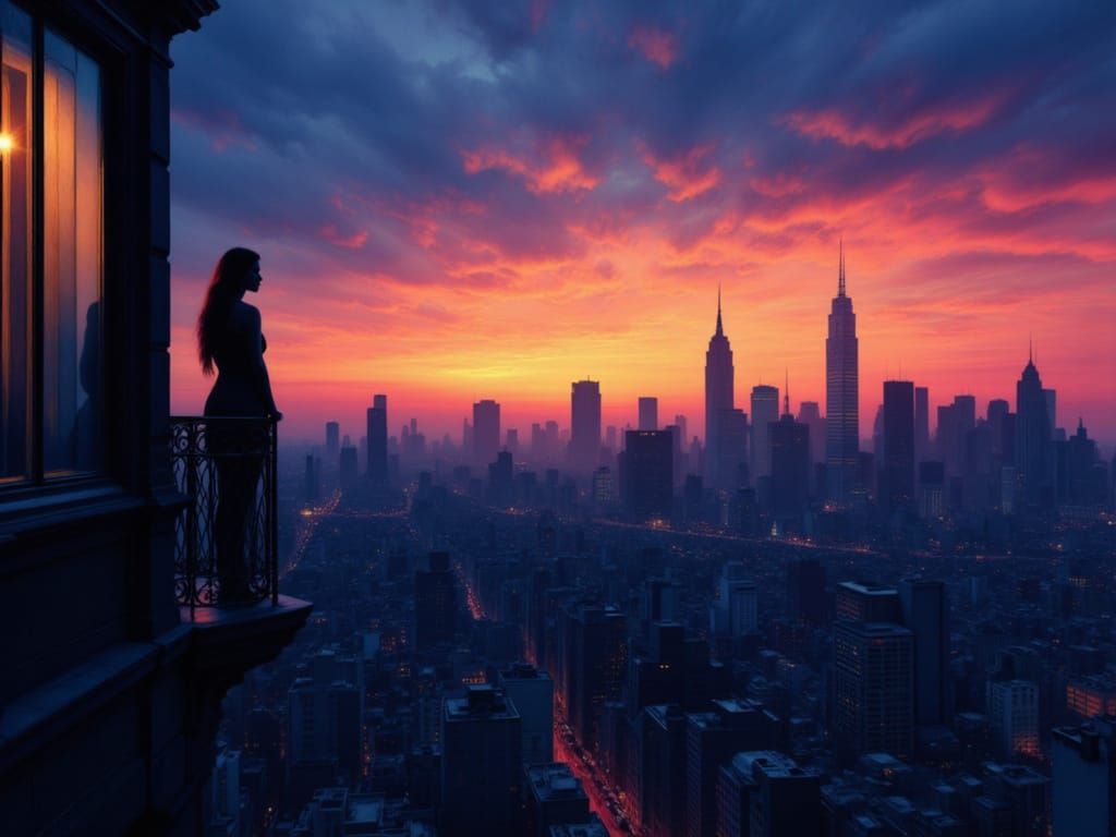 City Twilight Balcony View with Silhouetted Woman