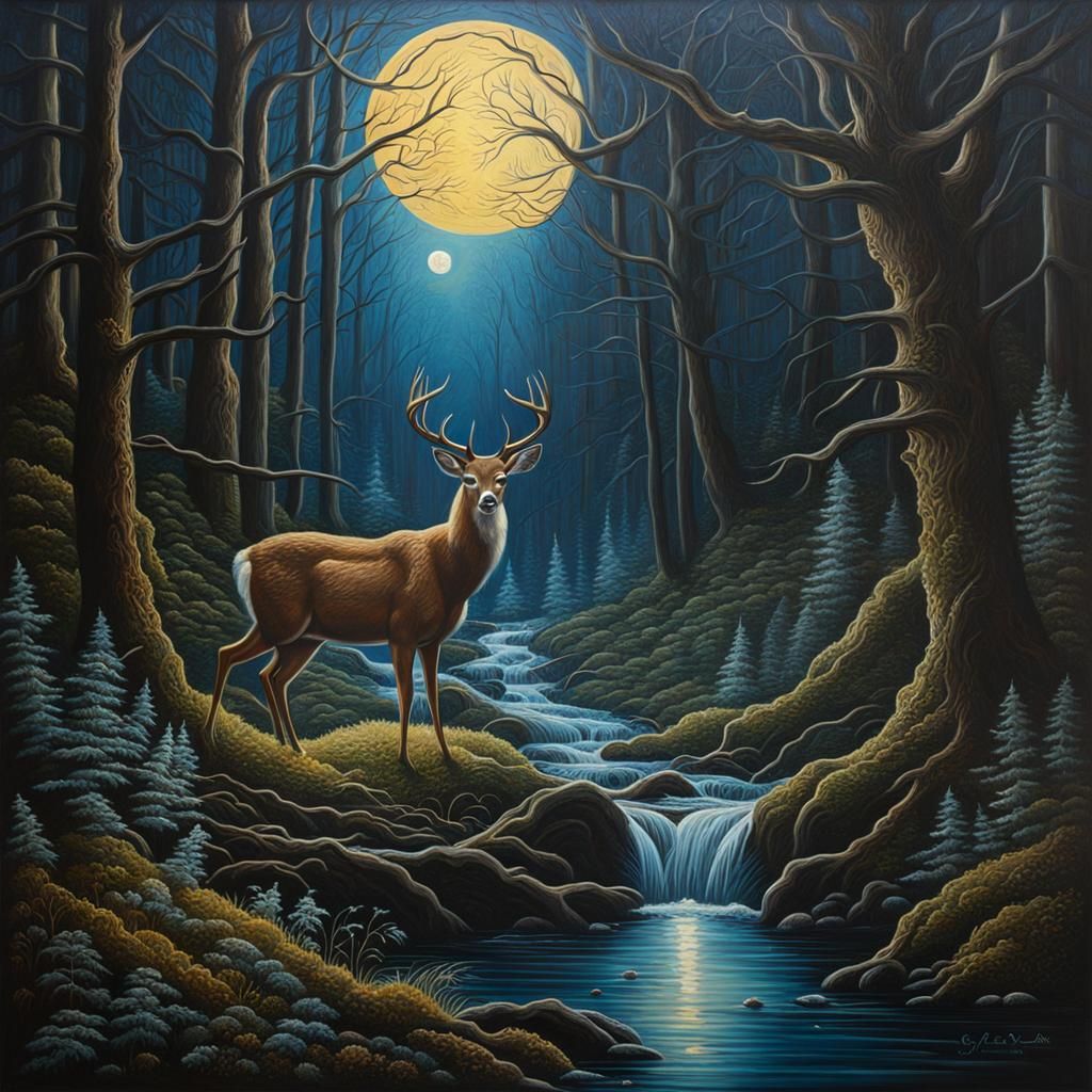 Fantasy Deer in Moonlight: An Oil Painting