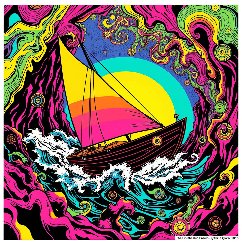 Psychedelic Sailboat Journey in Underground Comic Art Style