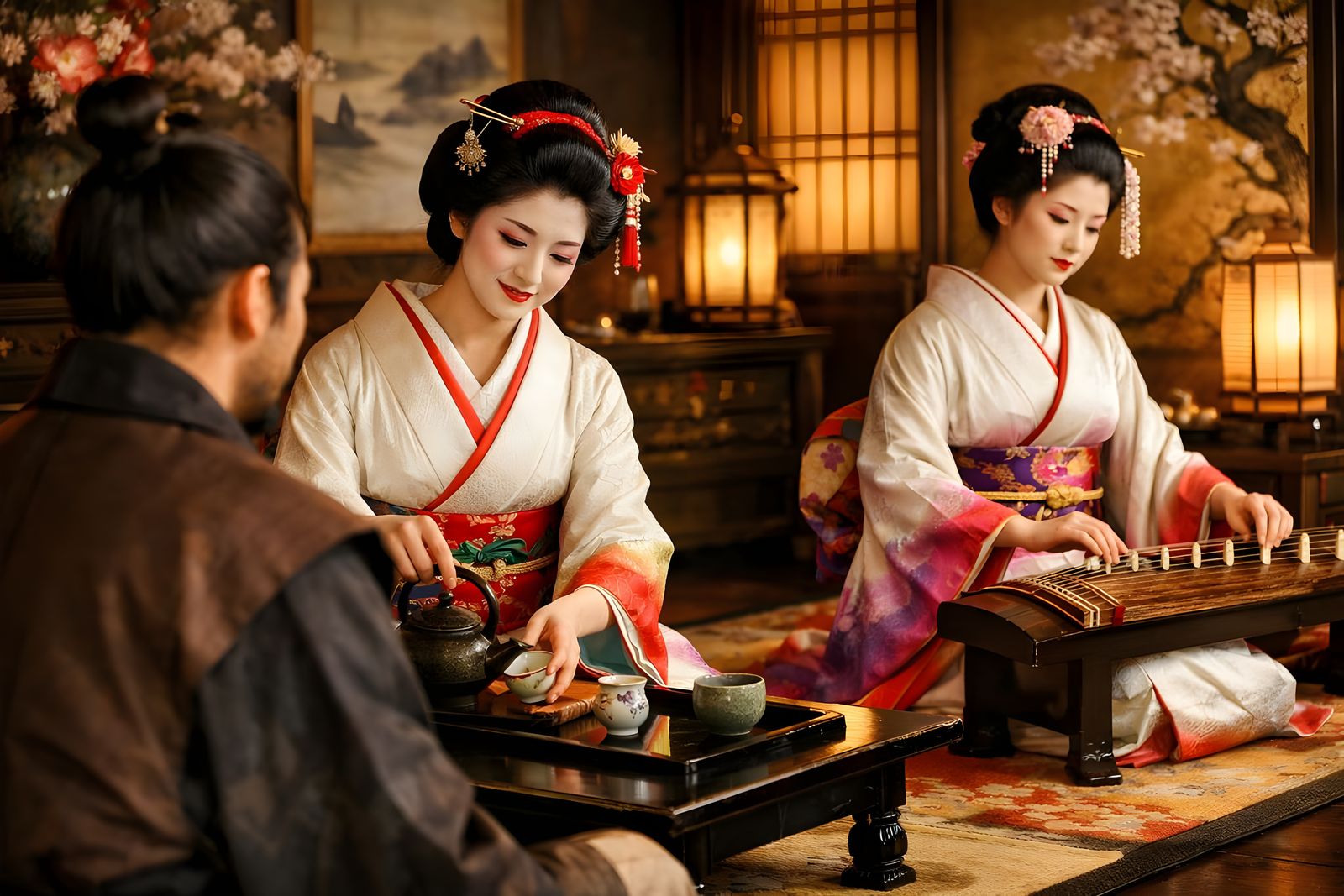 Geishas Entertain Samurai Lord in Feudal Japan
