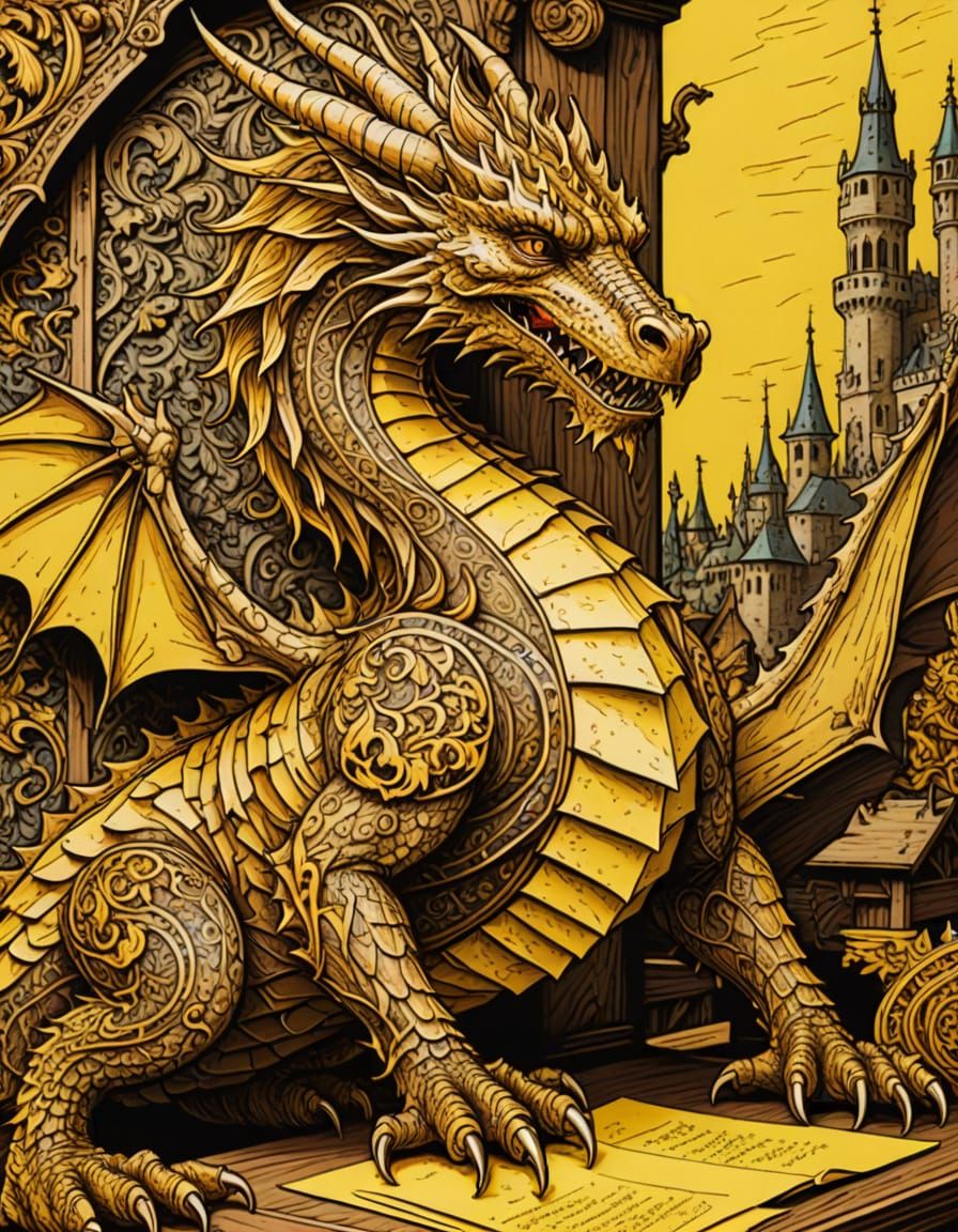 Dragon Made of Sticky Notes as Woodcut