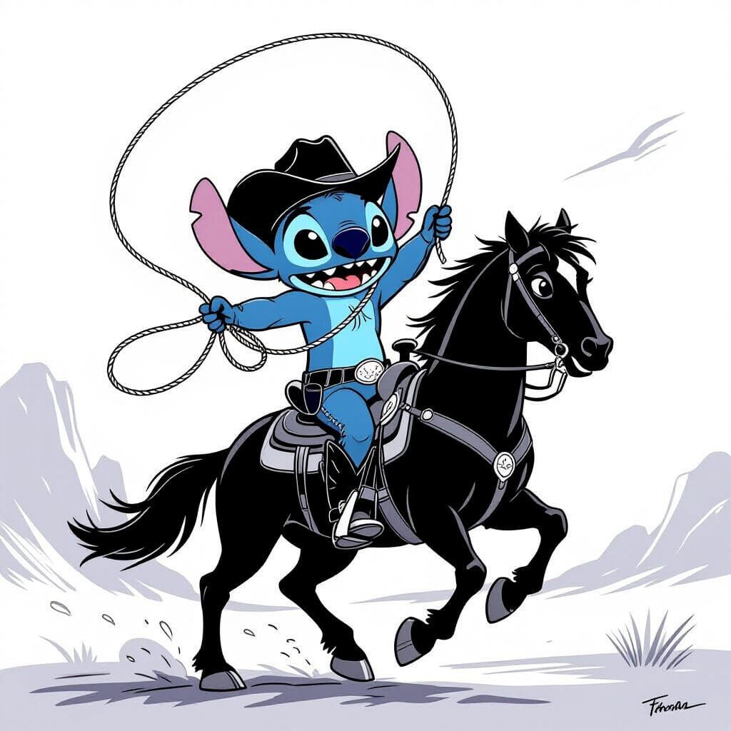 Stitch as a Cowboy in Minimalist Line Art Sketch
