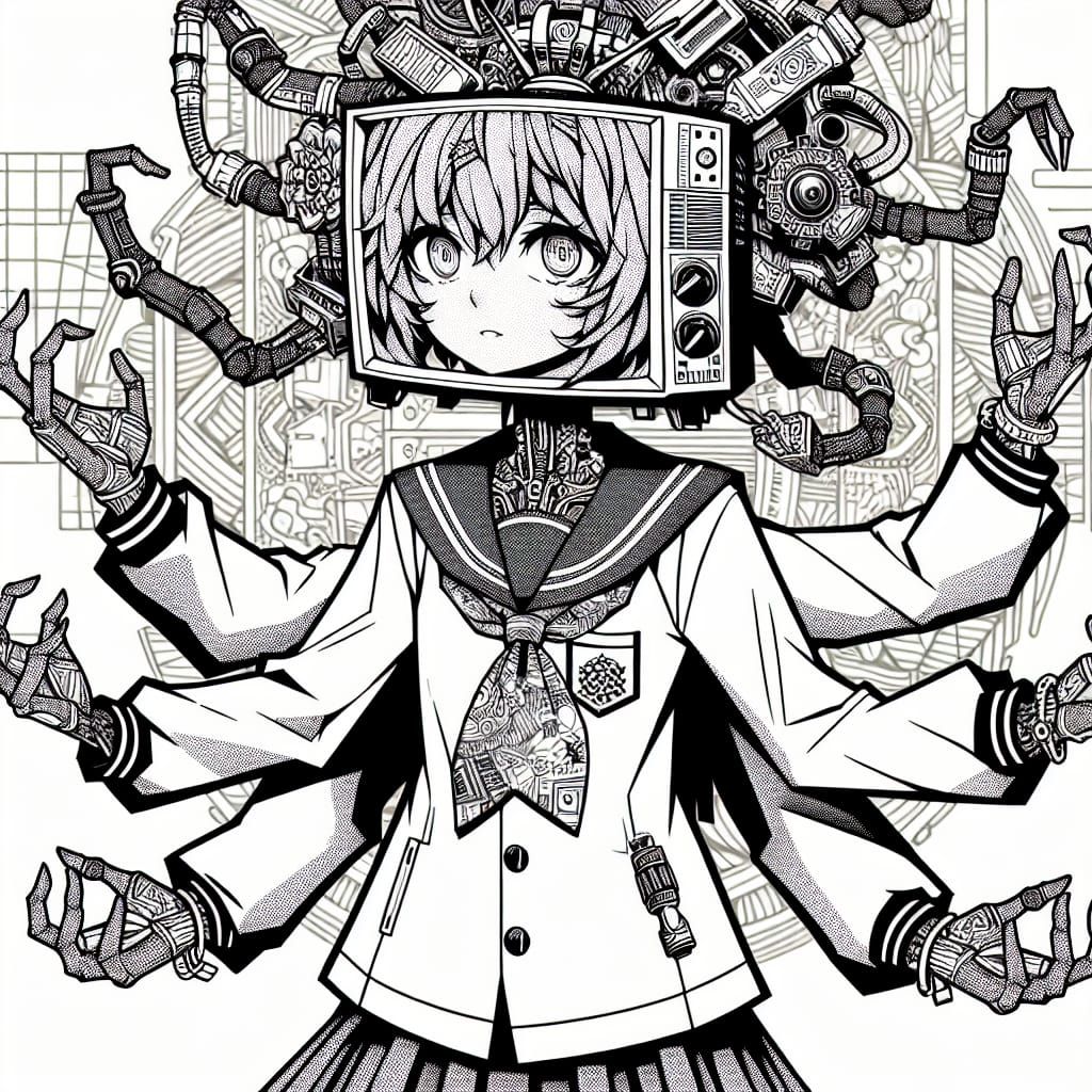 Anime Girl with TV Head in Sketchy Style