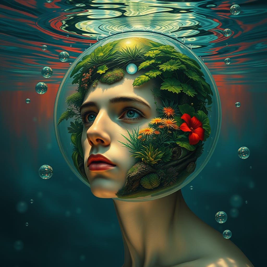 Person with Globe Garden Head: Hyperrealistic Art