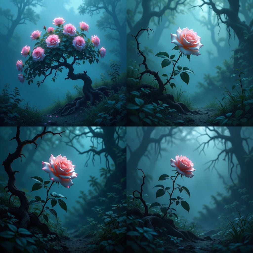 Ancient Luminescent Rose Bush at Forest Edge